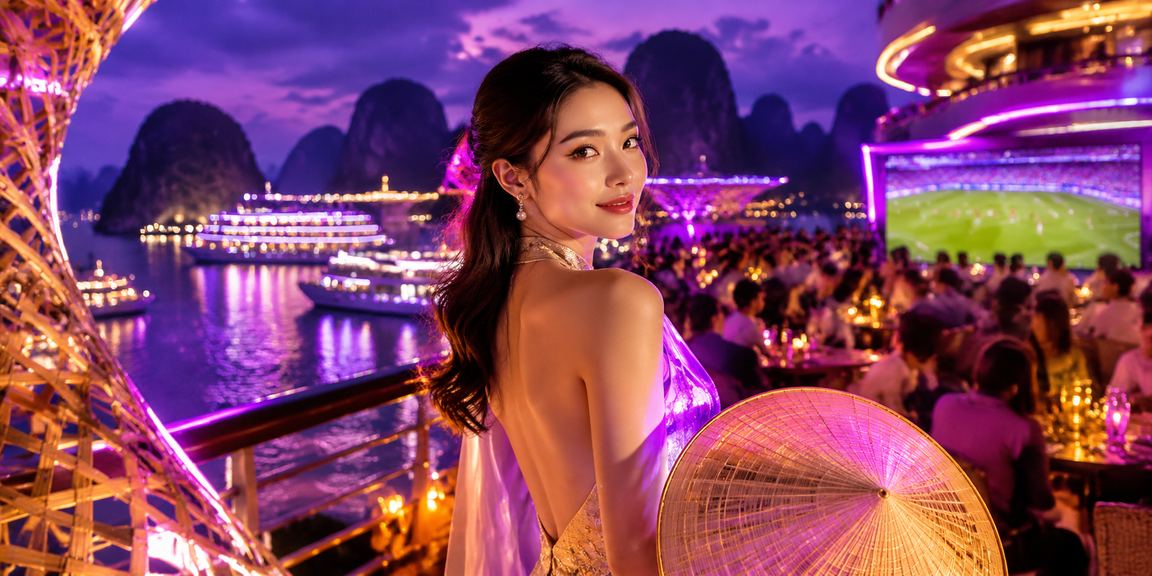 Người phụ nữ đội nón lá tham gia cá cược thể thao tại Vịnh Hạ Long với khung cảnh thiên nhiên